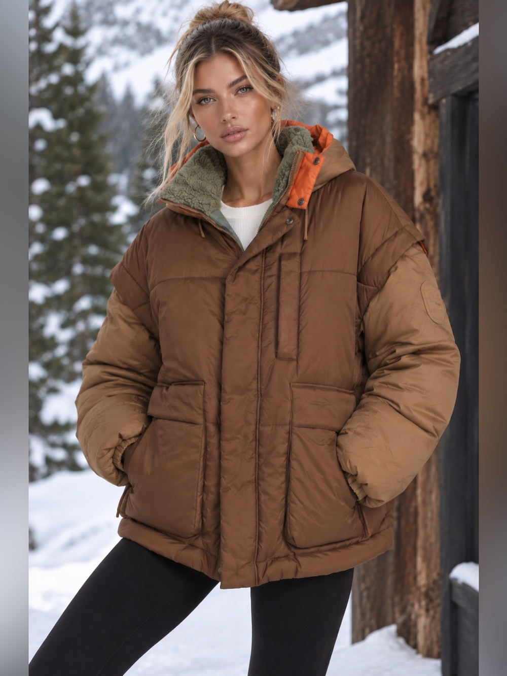 NWT UGG Kristian Convertible Reversible Puffer Vest Jacket Pecan Moss Green S/M